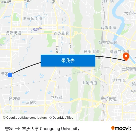 曾家 to 重庆大学 Chongqing University map