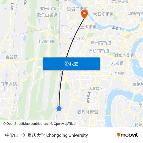 中梁山 to 重庆大学 Chongqing University map