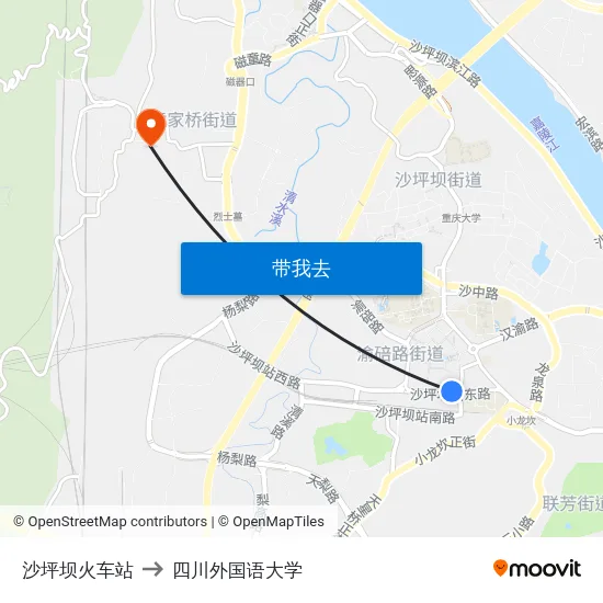 沙坪坝火车站 to 四川外国语大学 map