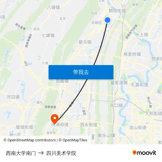 西南大学南门 to 四川美术学院 map