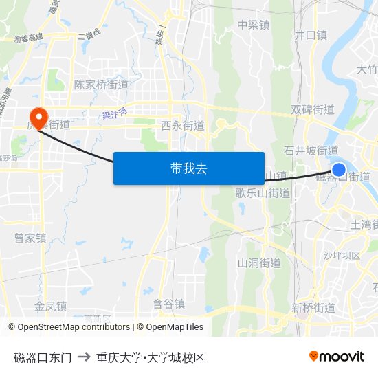 磁器口东门 to 重庆大学•大学城校区 map