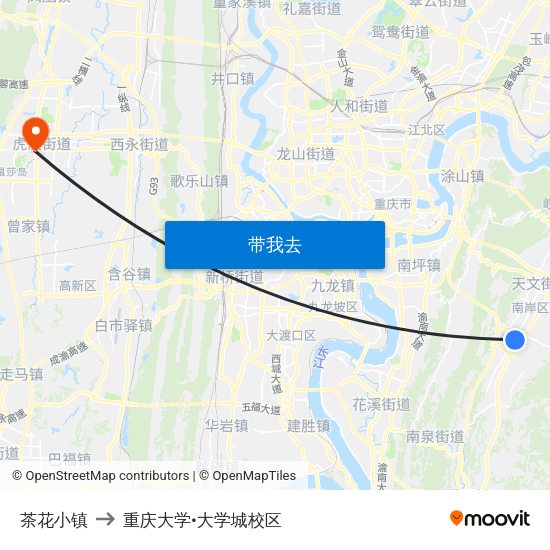 茶花小镇 to 重庆大学•大学城校区 map