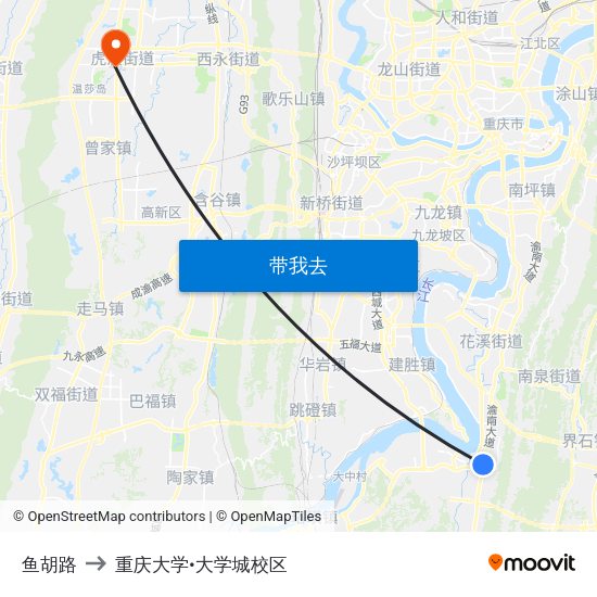 鱼胡路 to 重庆大学•大学城校区 map