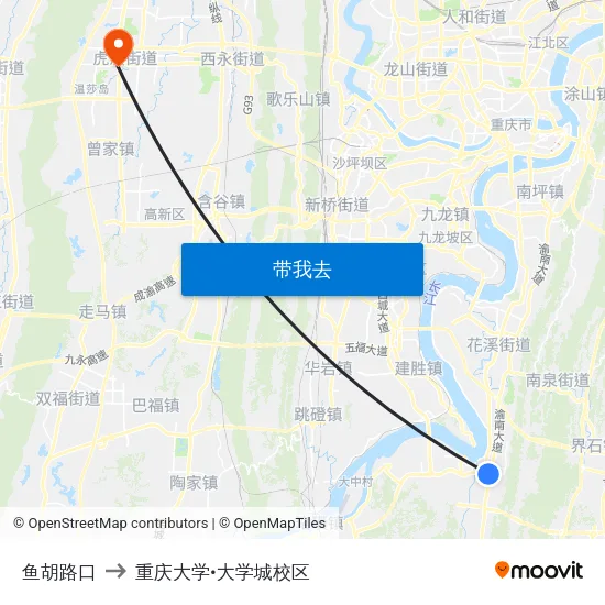 鱼胡路口 to 重庆大学•大学城校区 map