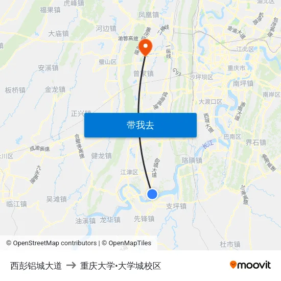 西彭铝城大道 to 重庆大学•大学城校区 map