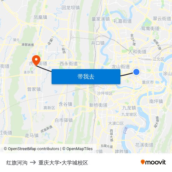 红旗河沟 to 重庆大学•大学城校区 map