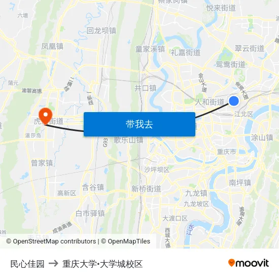 民心佳园 to 重庆大学•大学城校区 map