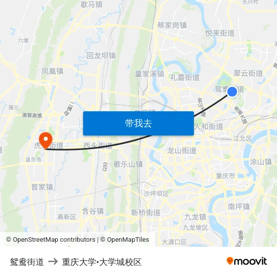 鸳鸯街道 to 重庆大学•大学城校区 map