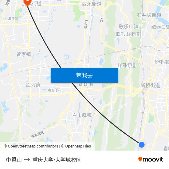 中梁山 to 重庆大学•大学城校区 map