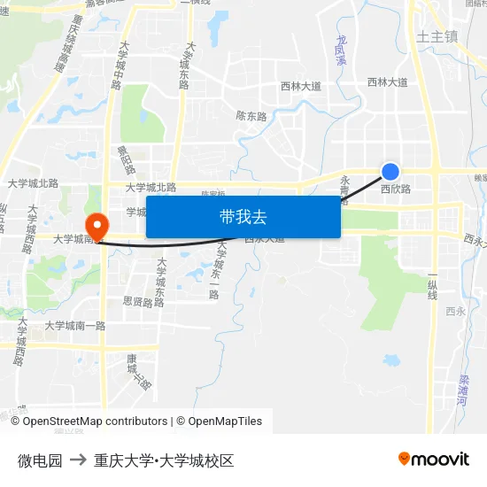 微电园 to 重庆大学•大学城校区 map
