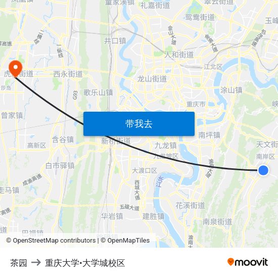 茶园 to 重庆大学•大学城校区 map