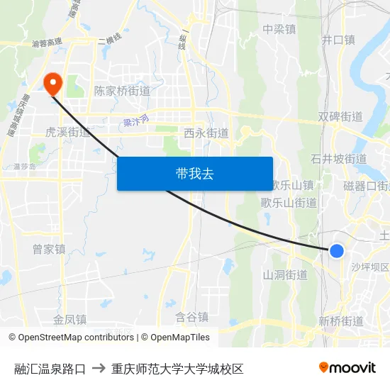 融汇温泉路口 to 重庆师范大学大学城校区 map
