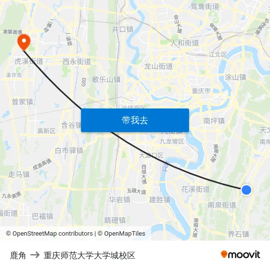 鹿角 to 重庆师范大学大学城校区 map
