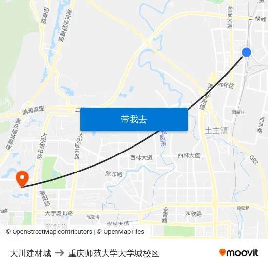 大川建材城 to 重庆师范大学大学城校区 map