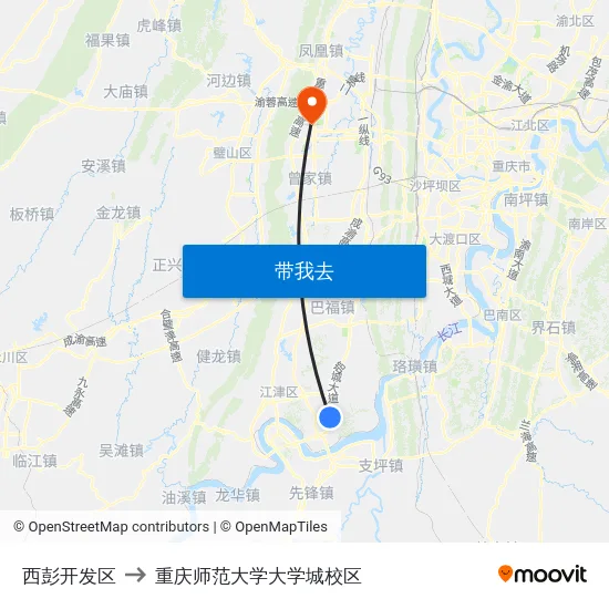 西彭开发区 to 重庆师范大学大学城校区 map