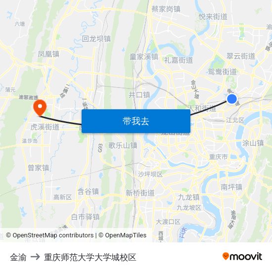 金渝 to 重庆师范大学大学城校区 map