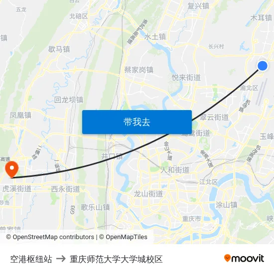 空港枢纽站 to 重庆师范大学大学城校区 map