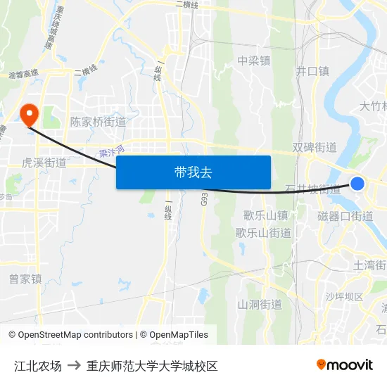 江北农场 to 重庆师范大学大学城校区 map