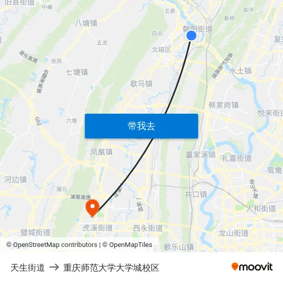 天生街道 to 重庆师范大学大学城校区 map