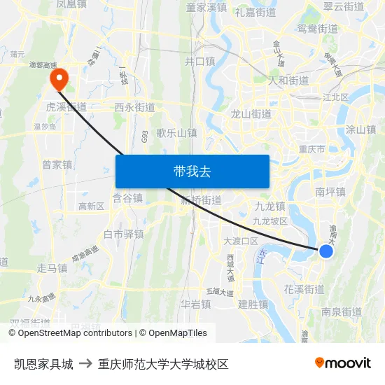 凯恩家具城 to 重庆师范大学大学城校区 map