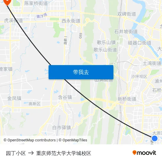 园丁小区 to 重庆师范大学大学城校区 map