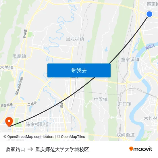 蔡家路口 to 重庆师范大学大学城校区 map