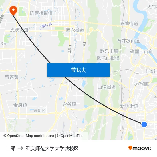 二郎 to 重庆师范大学大学城校区 map