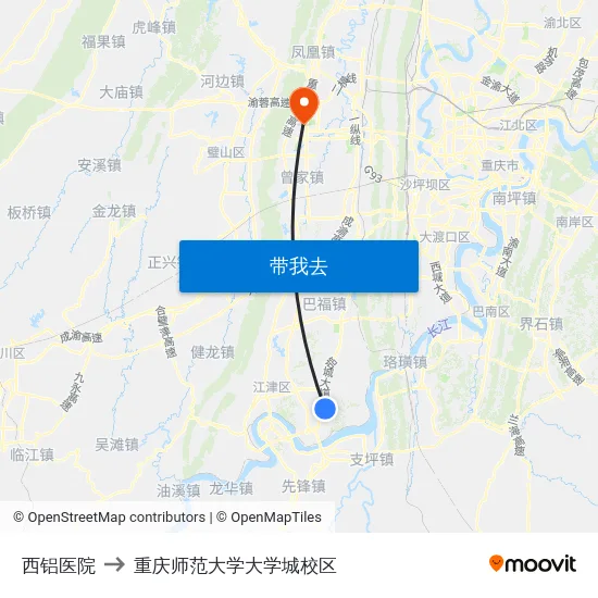 西铝医院 to 重庆师范大学大学城校区 map