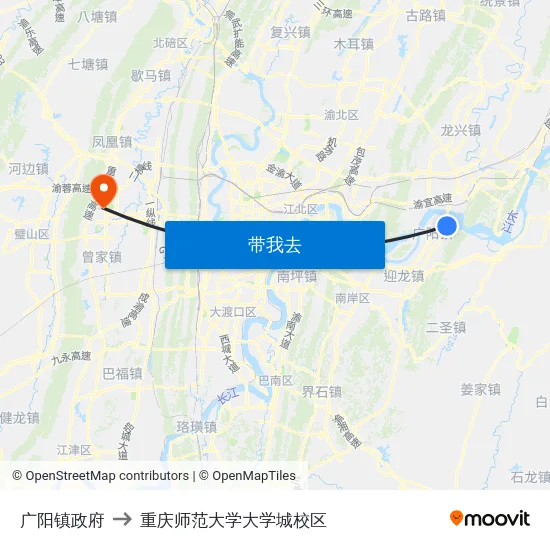 广阳镇政府 to 重庆师范大学大学城校区 map