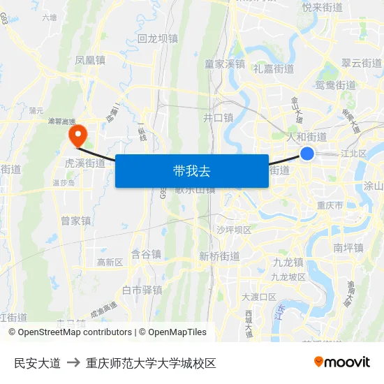 民安大道 to 重庆师范大学大学城校区 map
