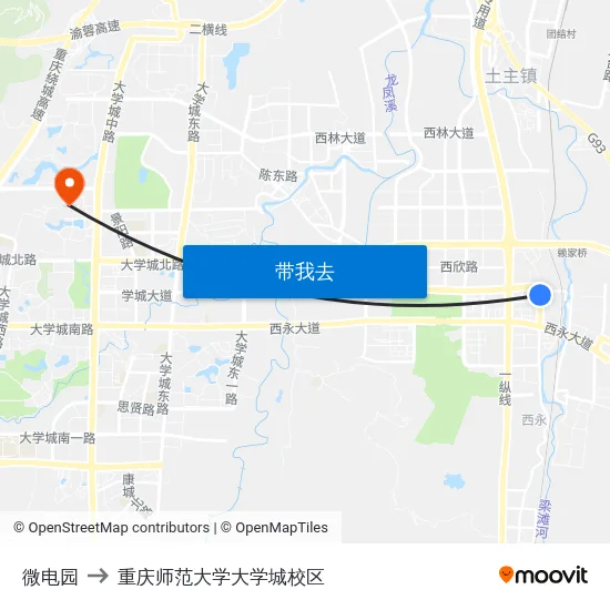 微电园 to 重庆师范大学大学城校区 map