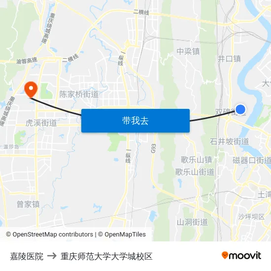 嘉陵医院 to 重庆师范大学大学城校区 map