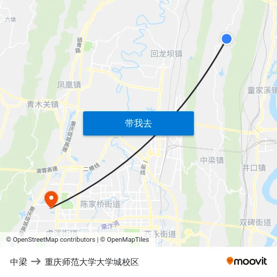 中梁 to 重庆师范大学大学城校区 map