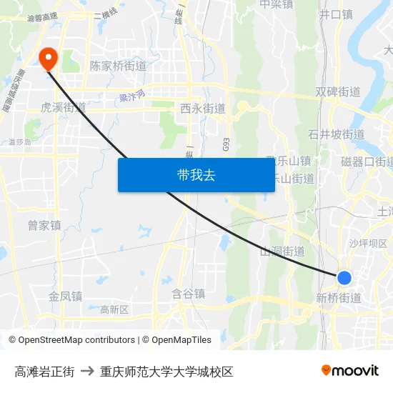 高滩岩正街 to 重庆师范大学大学城校区 map