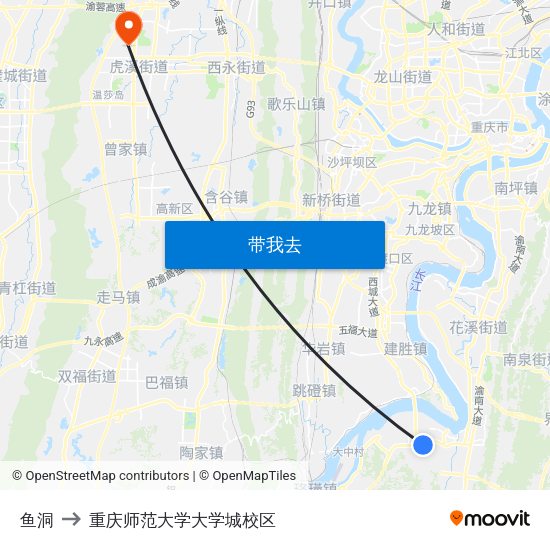 鱼洞 to 重庆师范大学大学城校区 map