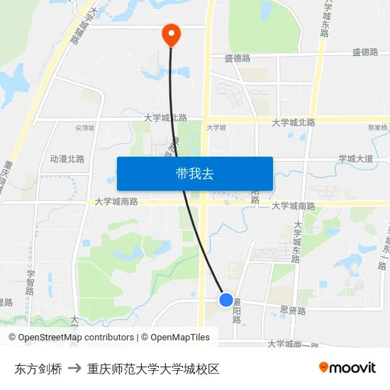 东方剑桥 to 重庆师范大学大学城校区 map