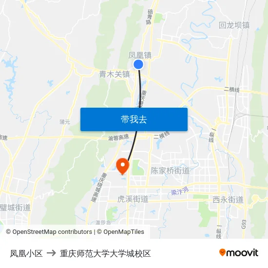 凤凰小区 to 重庆师范大学大学城校区 map