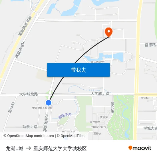 龙湖U城 to 重庆师范大学大学城校区 map