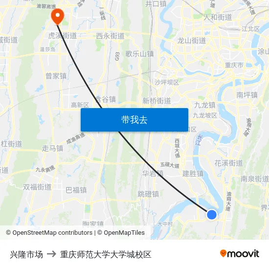 兴隆市场 to 重庆师范大学大学城校区 map