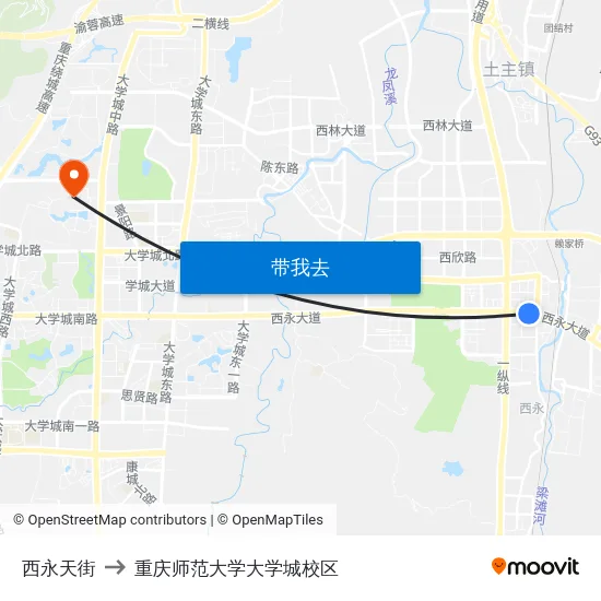 西永天街 to 重庆师范大学大学城校区 map
