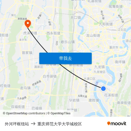 外河坪枢纽站 to 重庆师范大学大学城校区 map