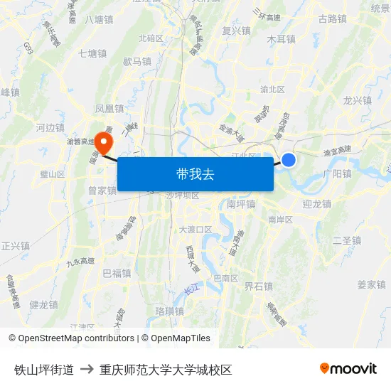铁山坪街道 to 重庆师范大学大学城校区 map