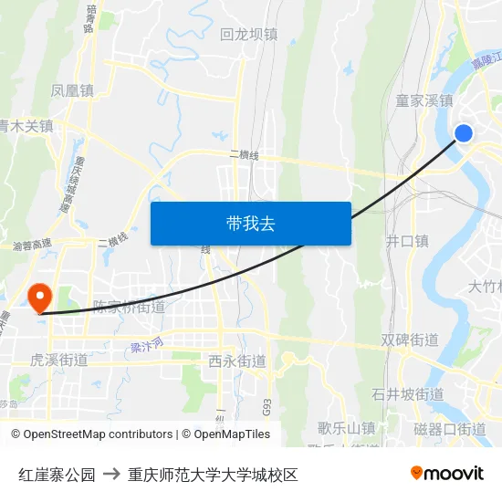 红崖寨公园 to 重庆师范大学大学城校区 map