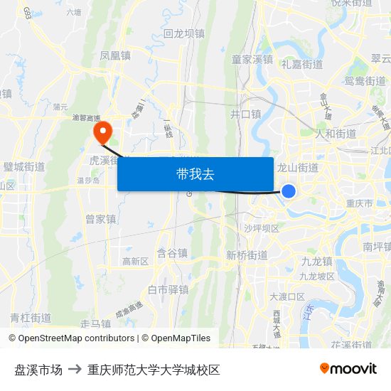 盘溪市场 to 重庆师范大学大学城校区 map