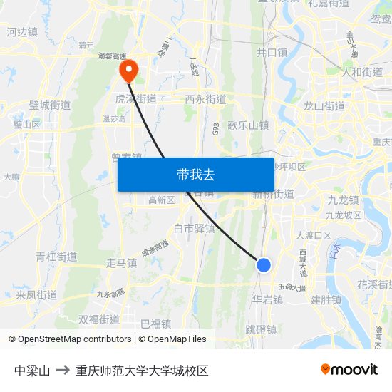 中梁山 to 重庆师范大学大学城校区 map