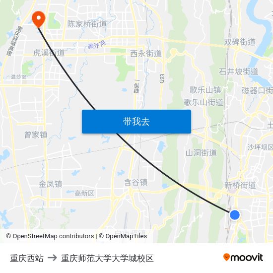 重庆西站 to 重庆师范大学大学城校区 map