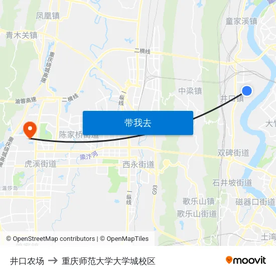井口农场 to 重庆师范大学大学城校区 map
