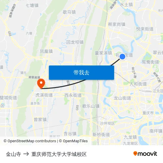 金山寺 to 重庆师范大学大学城校区 map