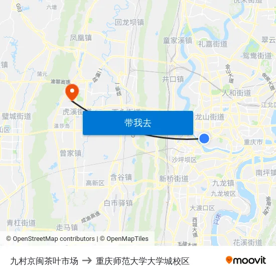 九村京闽茶叶市场 to 重庆师范大学大学城校区 map