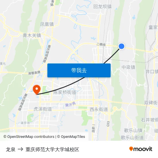 龙泉 to 重庆师范大学大学城校区 map